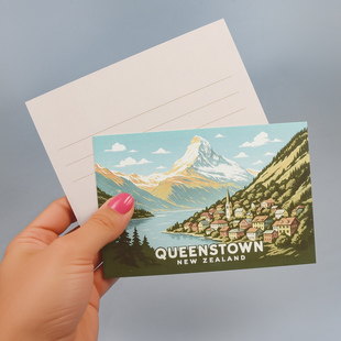 COLORMASH原创插画 新西兰旅游胜地 皇后镇纪念 双面明信片贺卡