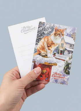 COLOR MASH原创 雪中平安夜的金色家猫/红色邮筒圣诞节贺卡明信片