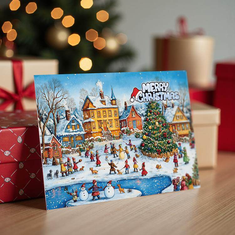 COLOR MASH原创插画明信片 贺卡 雪景 雪人 圣诞节小镇欢乐时光
