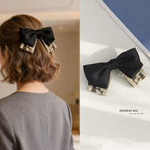 黑色蕾丝蝴蝶结发夹百搭头饰通勤发卡后脑勺盘发顶夹半扎弹簧夹子