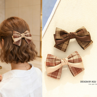 格纹学院风蝴蝶结发夹布艺后脑勺顶夹新款复古弹簧夹半扎发夹子女