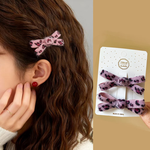 2025新款粉色豹纹蝴蝶结发夹女简约侧边刘海夹布艺发卡鸭嘴夹发饰