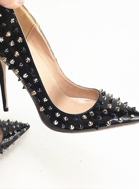 2020新款女鞋黑色名媛铆钉高跟鞋12CM尖头细跟浅口柳丁单鞋