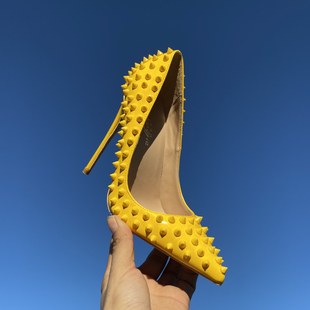 黄色柳丁鞋 2021新款 12CM尖头细跟性感浅口单鞋 名媛铆钉高跟鞋 女鞋