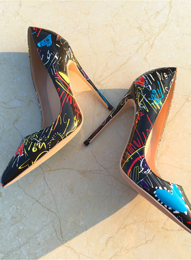 2020秋季新款黑色涂鸦名媛高跟鞋女10CM细跟百搭软皮尖头浅口单鞋