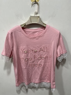 百搭潮流休闲短款 亏本清货夏季 T恤时尚 女装 上衣蕾丝边纯棉 短袖