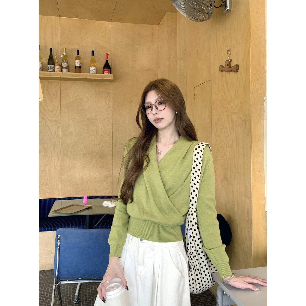 Alley Closet韩版气质交叉V领针织衫女2025新款慵懒风毛衣打底衫