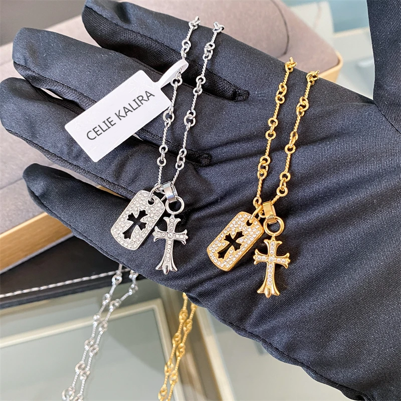 官方正品CELIE KALRA满钻十字架双吊坠男女项链小众百搭情侣礼物
