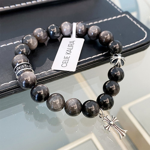 银耀石S925银十字架吊坠珠串手链