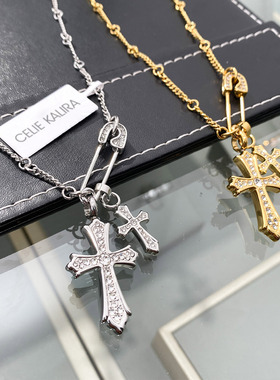 镶钻别针双十字架项链