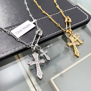 KALIRA轻奢镶钻别针双十字架男女项链嘻哈毛衣链情侣礼物 CELIE