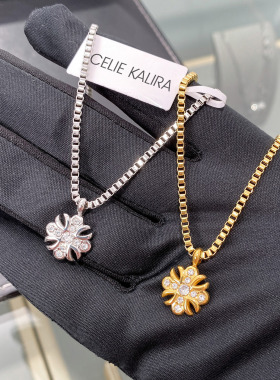 复古镶钻十字鸢尾花项链