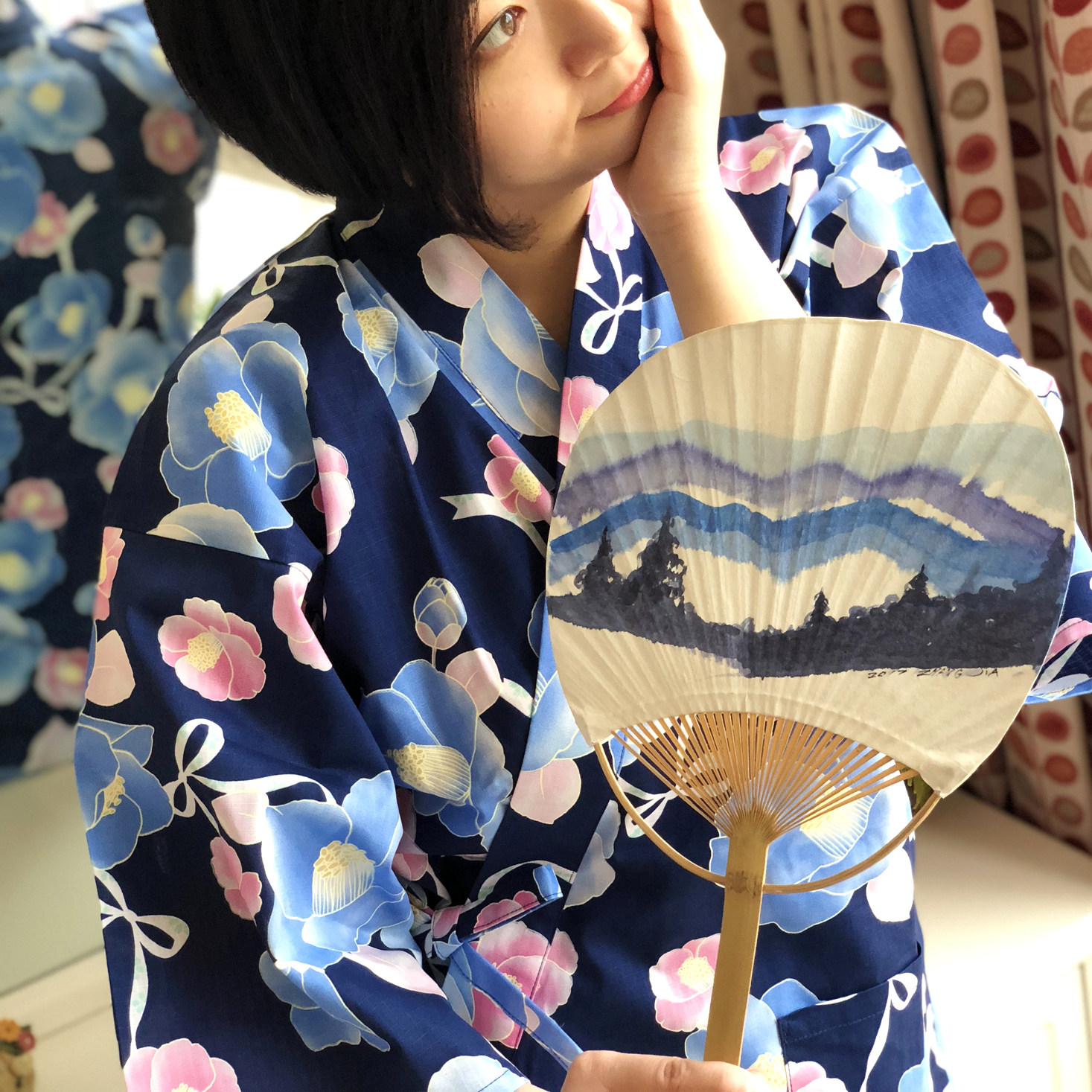 纯棉方格布 成人女款甚平日本原单和服套装家居服短袖裤玉兰花