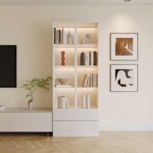 带玻璃门家用落地书柜客厅定制靠墙展示柜储物柜一体防尘书柜