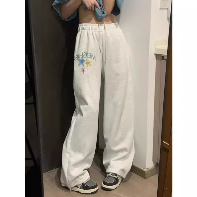 美式街头灰色星星涂鸦运动卫裤女宽松bf慵懒风休闲直筒阔腿长裤子