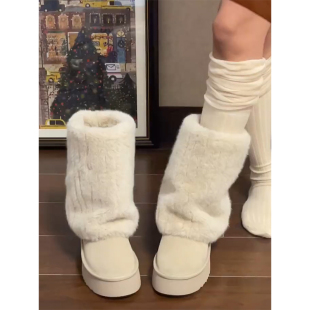 日本百搭毛毛白色高筒厚底雪地靴女款冬季2025新款加绒保暖棉鞋子