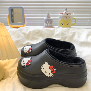 日本可爱凯蒂猫厚底包头半拖鞋 防水棉拖 女外穿2025秋冬加绒洞洞鞋