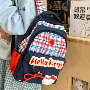 日本哈喽kitty联名复古格子双肩包女初高中学生背包大容量书包潮
