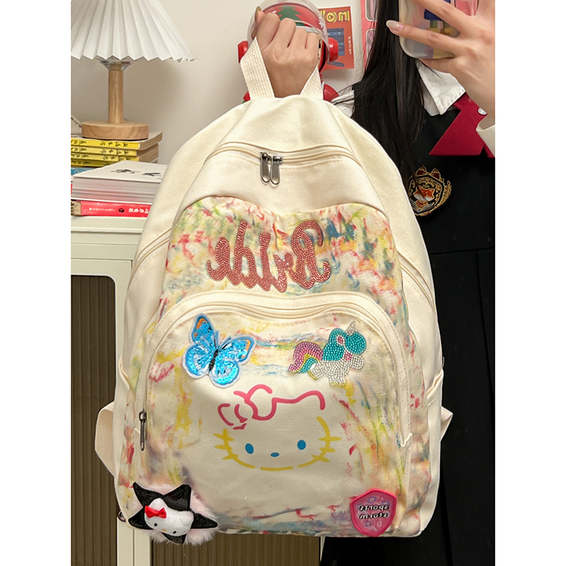日本少女简约KT喵双肩背包日系马卡龙彩色涂鸦帆布包百搭可爱书包