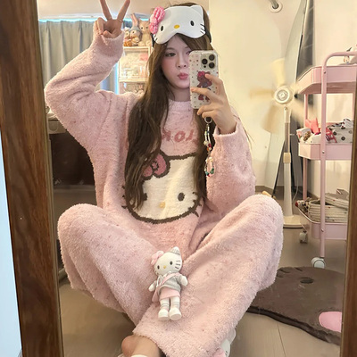 山吉kitty珊瑚绒睡衣女秋冬季