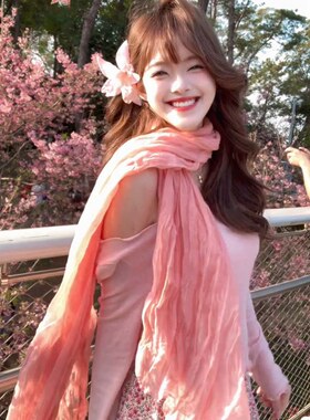 山吉扎染纹亚麻粉色围巾女