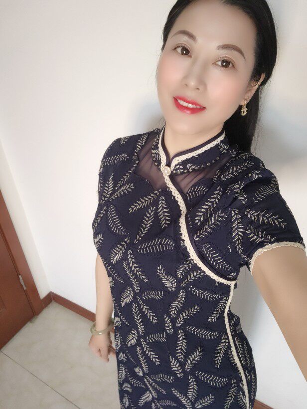 5310蓝色镂空手工盘扣蕾丝花边树叶超显气质修身显瘦古典旗袍裙