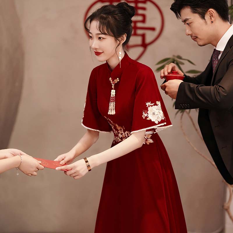 旗袍敬酒服新娘夏季结婚礼服订婚连衣裙回门便装女小个子平时可穿