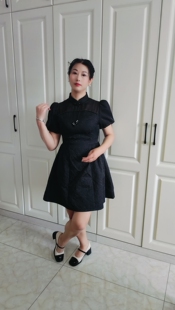 88301新款中国风的改良旗袍泡泡袖显瘦活泼修身显瘦镂空黑色款