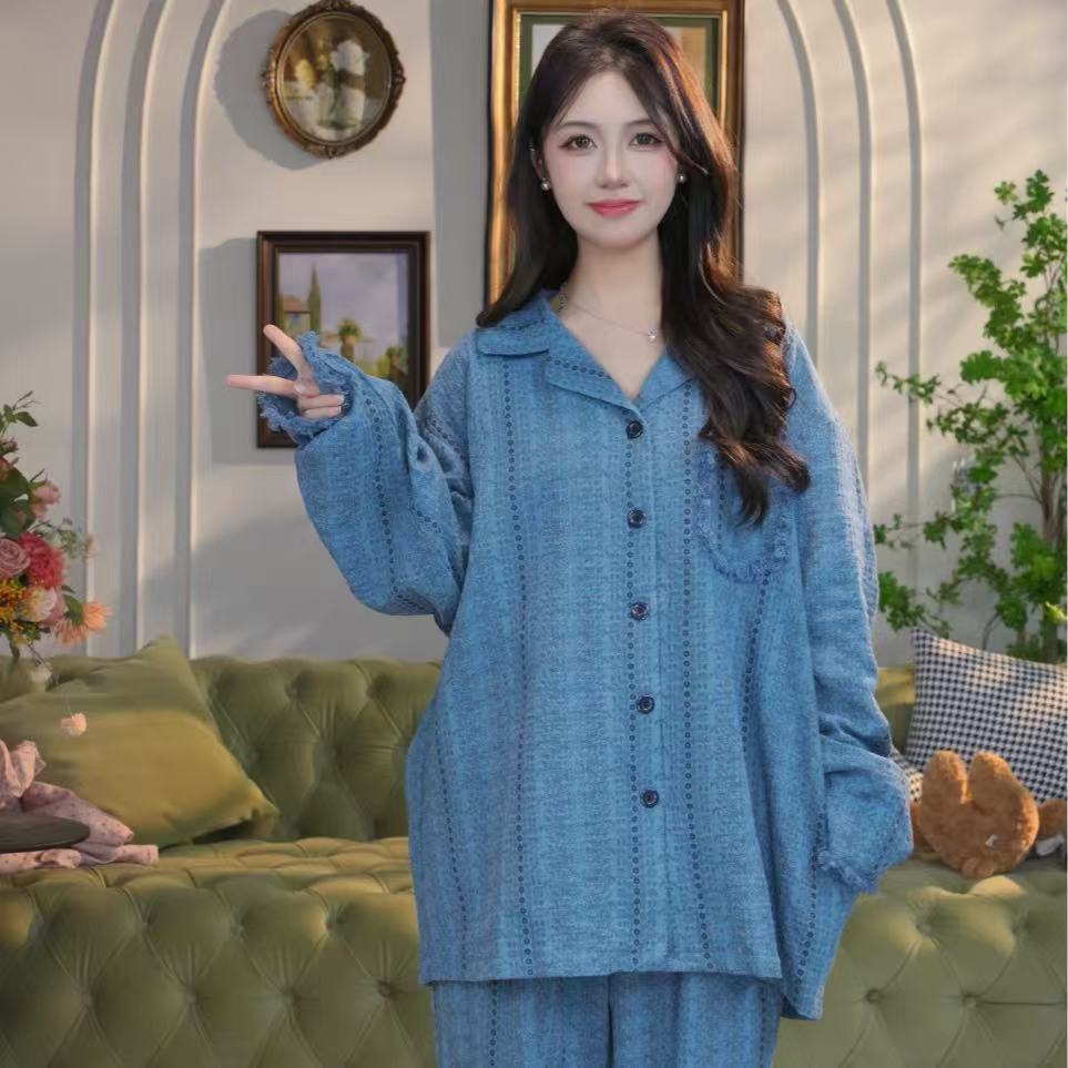 春秋新款简约高级感纯棉纱翻领开衫长袖长裤睡衣女士带胸垫家居服