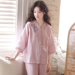 甜美新款 V领开衫 新中式 七分袖 绣花女士睡衣可外穿薄款 家居服套装