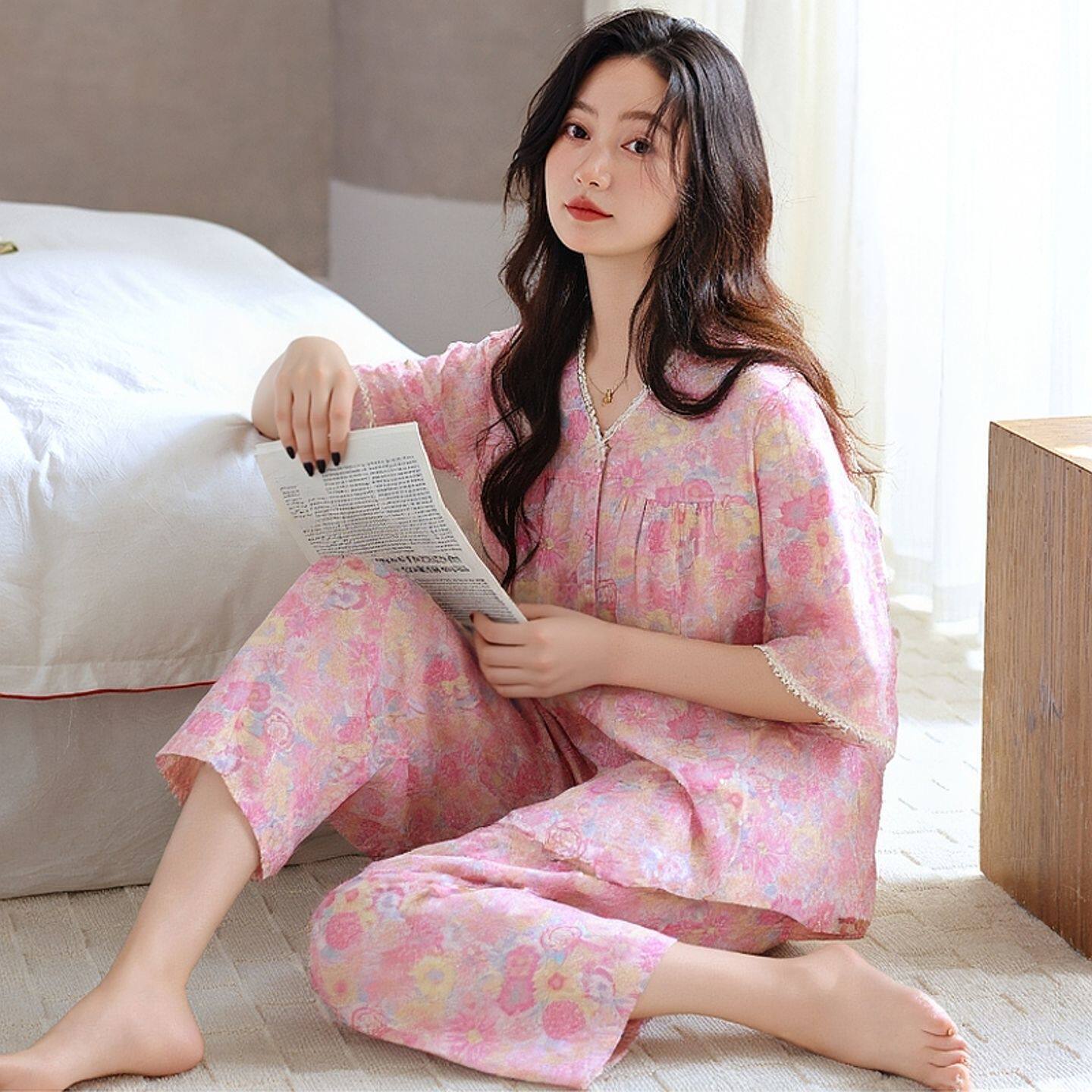 夏季新款碎花V领开衫纯棉五分袖睡衣女士夏天薄款家居服休闲套装