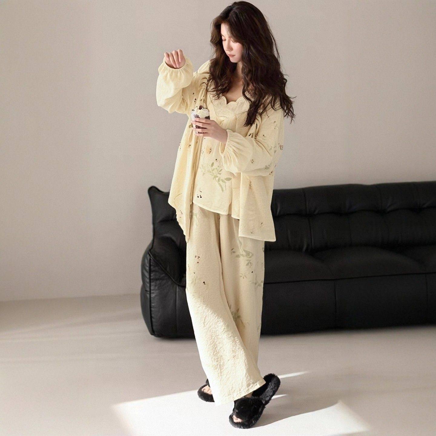 甜美法式纯棉纱布三件套睡衣女士春秋季新款吊带长袖长裤家居服薄