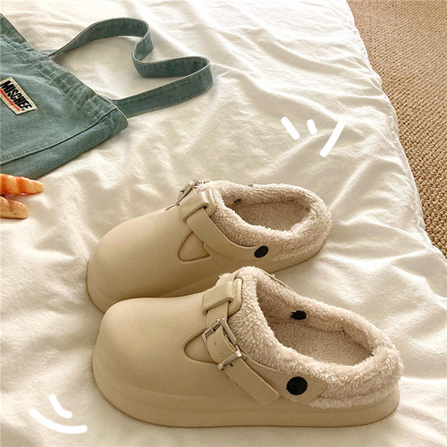 奶里奶气~！防水eva保暖加绒外穿勃肯棉拖鞋女冬季厚底毛毛拖鞋潮