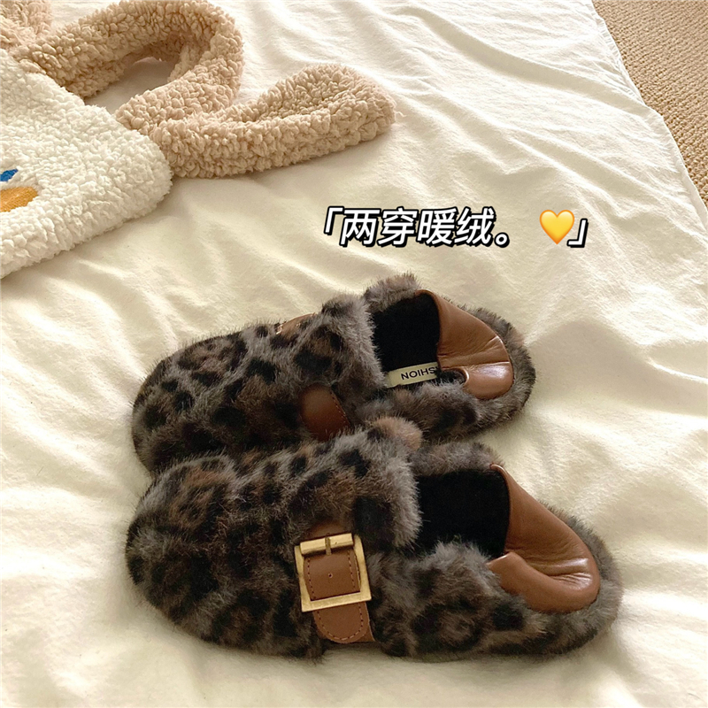 两穿雾霾蓝~！时髦洋气豹纹加绒棉鞋女ins冬季包跟保暖毛毛棉拖鞋