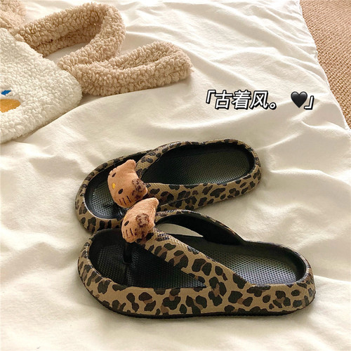 豹纹KT猫~！辣妹古着小众ins厚底人字拖女夏季外穿防滑沙滩凉拖鞋