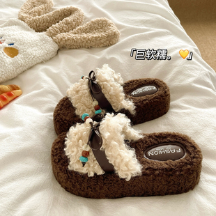 保暖外穿毛毛拖鞋 女冬季 潮 加绒暖呼呼厚底增高棉拖鞋 6cm民族风