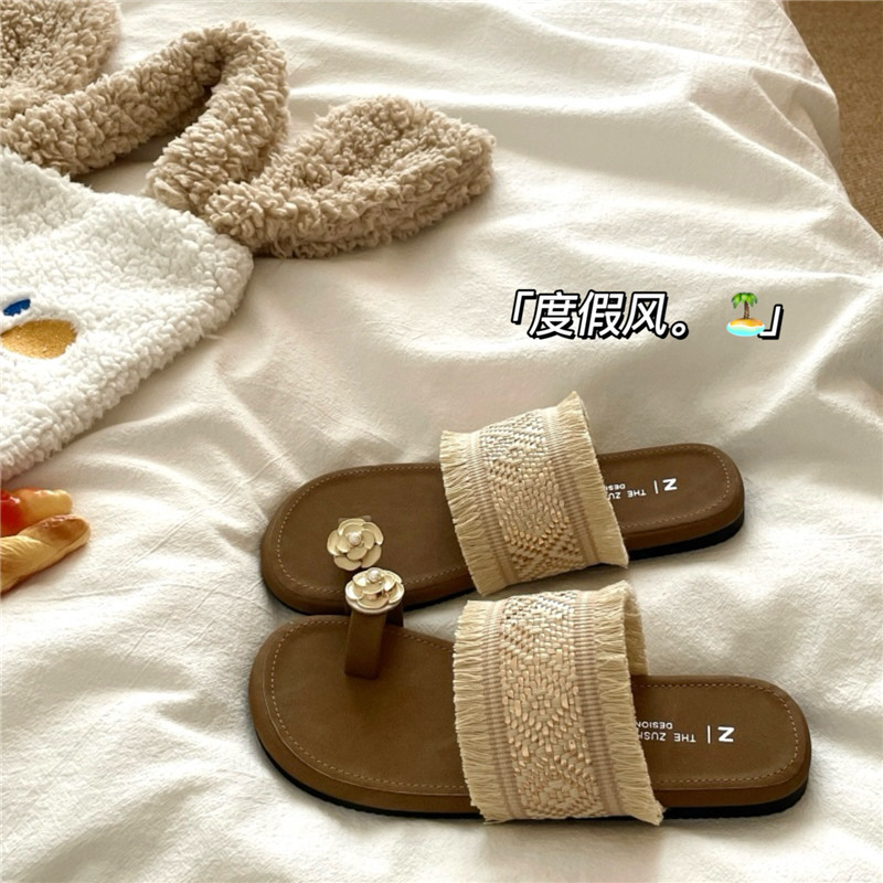 草编亚麻风~!软软套趾夏季凉拖鞋女透气法式度假外穿防滑人字拖