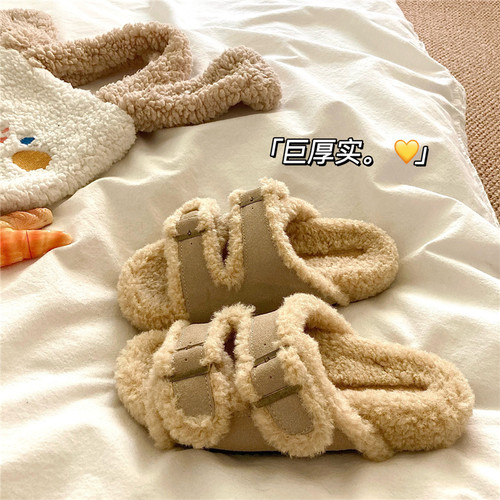 冬日小暖炉~！巨厚羊羔毛勃肯棉拖鞋女冬季外穿厚底保暖毛毛拖鞋