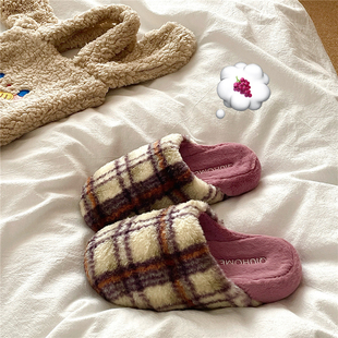 潮 女居家保暖加绒毛毛拖鞋 奶香芋泥紫 北欧格子ins高级感棉拖鞋
