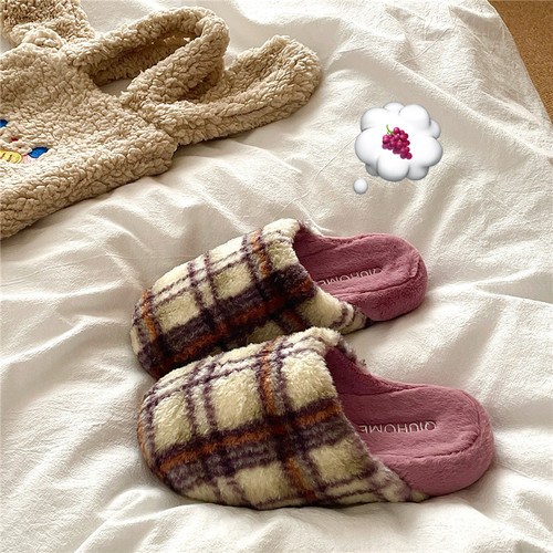 奶香芋泥紫~！北欧格子ins高级感棉拖鞋女居家保暖加绒毛毛拖鞋潮