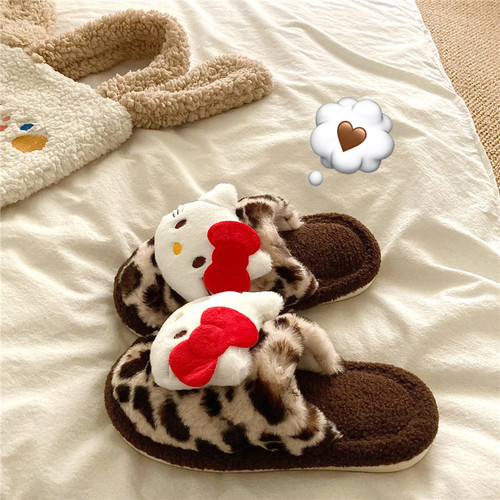 古着感kt~！豹纹小众日系包头棉拖鞋女冬季保暖加绒外穿毛毛拖鞋