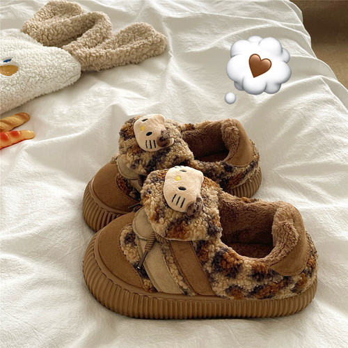 豹纹可可kt猫~！可爱软萌ins包跟棉鞋女冬季厚底加绒毛毛棉拖鞋潮