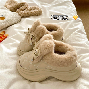 毛毛棉拖鞋 女冬季 加绒保暖雪地靴 INS厚底增高包跟棉鞋 软糯奶兔