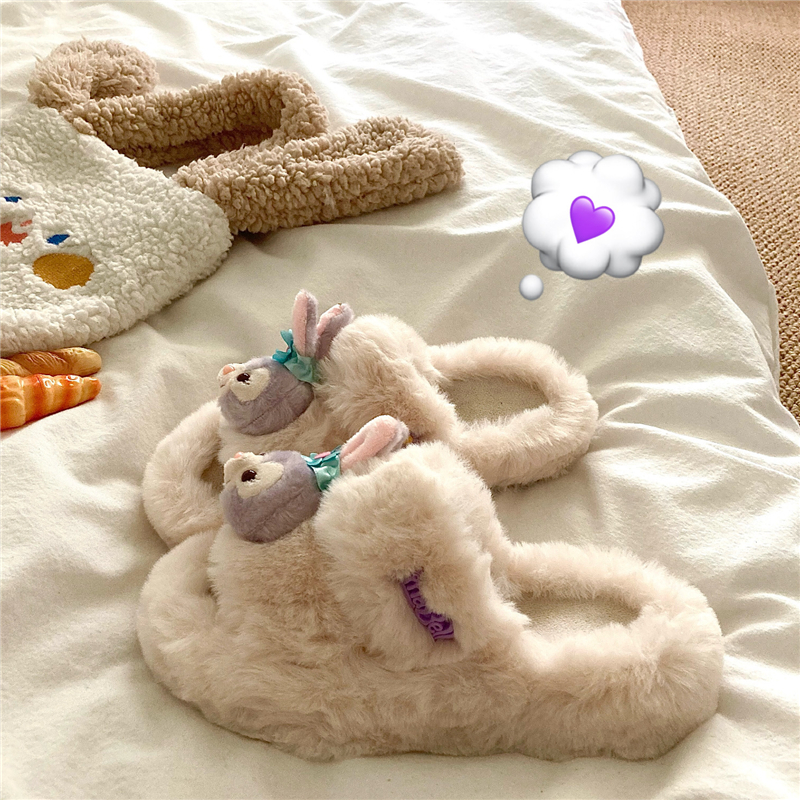 仙女紫大耳兔~！毛绒绒可爱ins外穿毛毛拖鞋女冬季保暖厚底棉拖鞋