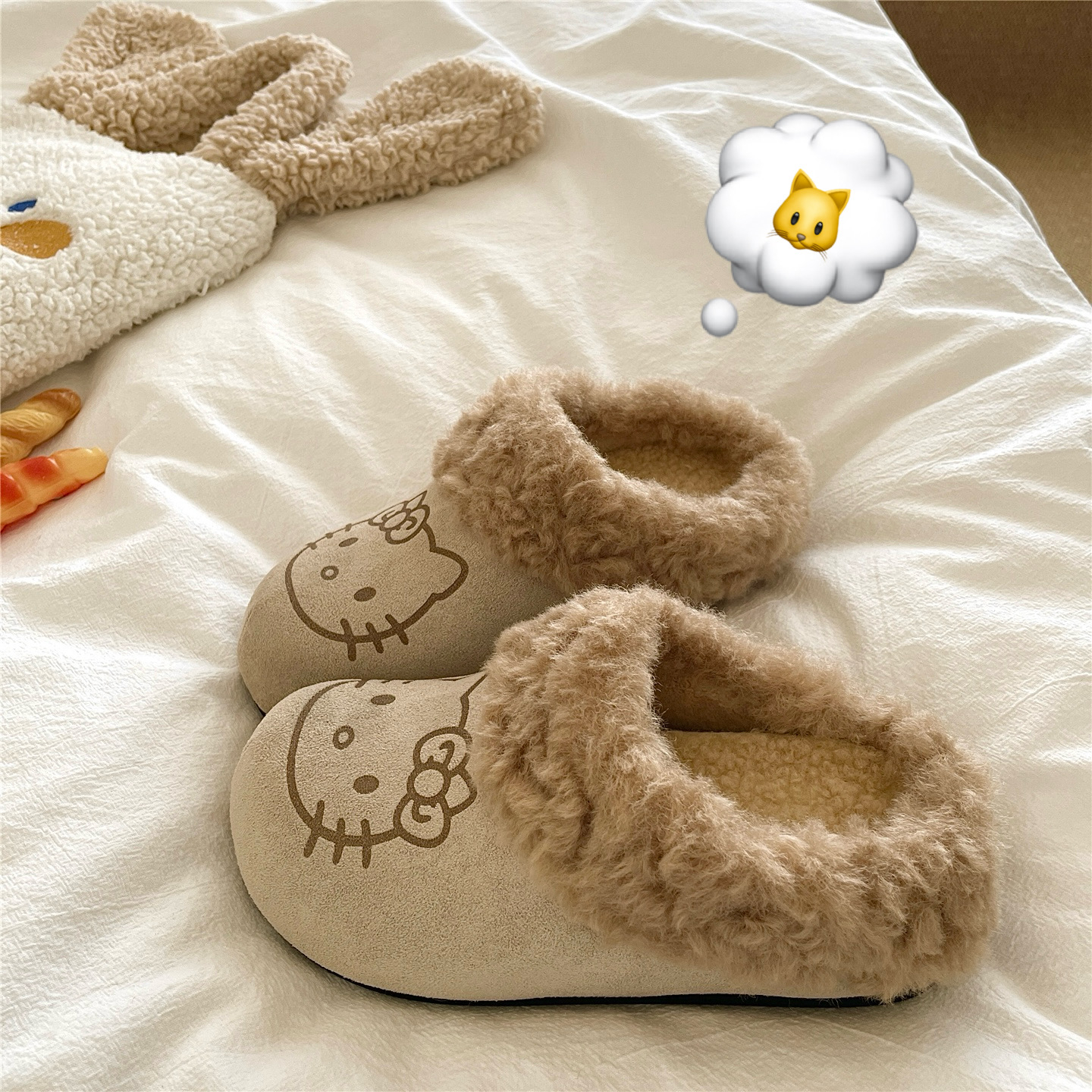 卷卷绒kt猫~！自制巨厚保暖包头毛毛棉拖鞋女加绒厚底勃肯半拖鞋