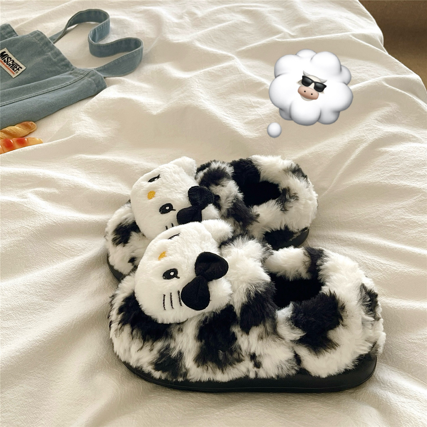 奶牛物语KT猫~！甜美ins可爱包跟棉鞋女加绒保暖厚底毛毛棉拖鞋潮,女鞋,毛毛鞋,淘宝优惠券,粉丝福利购,淘宝优惠卷