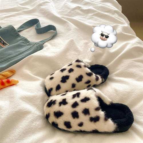 奶牛豹纹~！保暖ins包头冬季居家加绒棉拖鞋女外穿防滑毛毛拖鞋潮