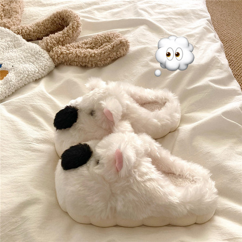 柔顺光泽感~！西高地ins可爱毛毛拖鞋女冬季居家厚底保暖棉拖鞋潮