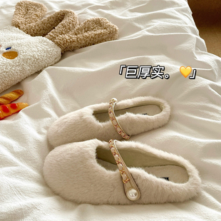 温莎千金~!温柔法式慵懒外穿毛毛拖鞋女厚底加绒保暖懒人棉拖鞋