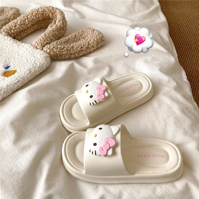 甜酷KT猫~！巨可爱软萌ins居家凉拖鞋女夏季厚底沙滩外穿一字拖鞋